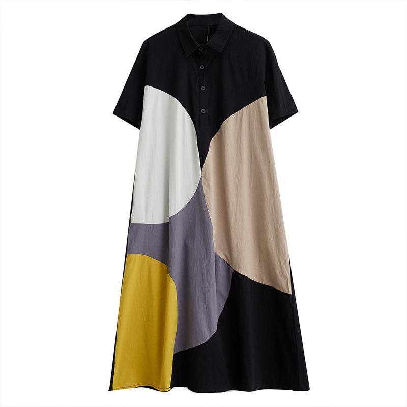 Short Sleeve Patchwork Contrast Color Dresses for Women Loose Casual Vintage Dress Fashion Elegant Clothes Spring Summer 2025