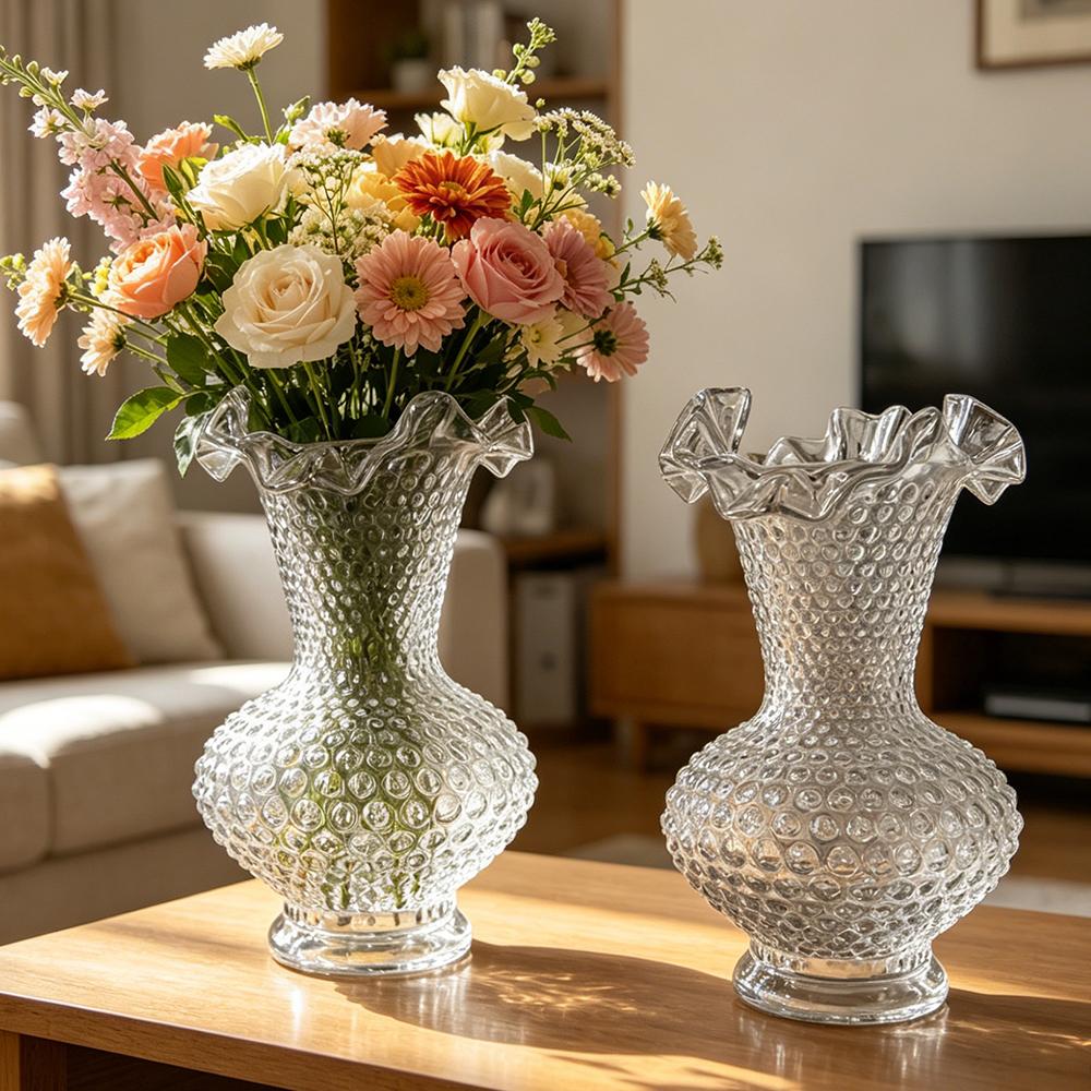 Clear Hobnail Glass Flower Vase with Ruffled Rim, Handmade Bubble Texture Vase for Home Decor