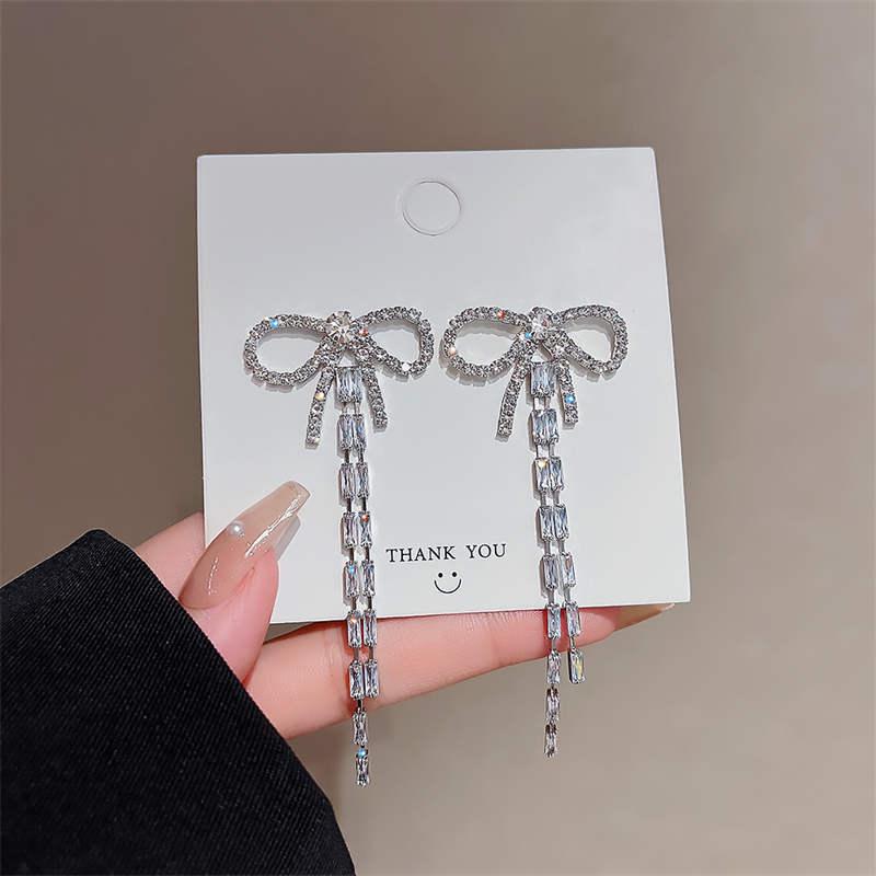 

Sterling Silver Bow Zircon Earrings - Korean Tassel Design for Women