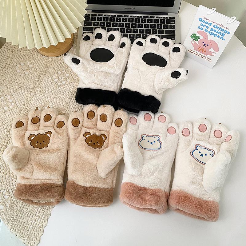 Little Bear Paw Fluffy Gloves Winter Girls To Keep Warm Fleece and Thickened Bear Paws Outdoor Bicycling Cute Cartoon Gloves New