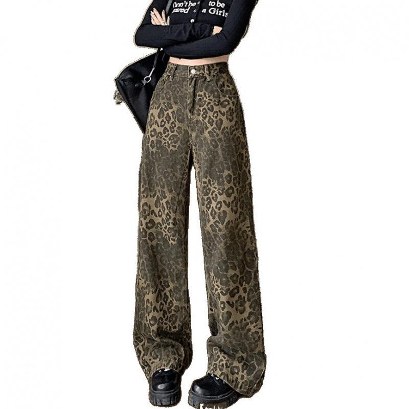 Damen Jeans mit hohem Bund im Retro-Leopardenmuster und weitem Bein für Frühling/Sommer 2025