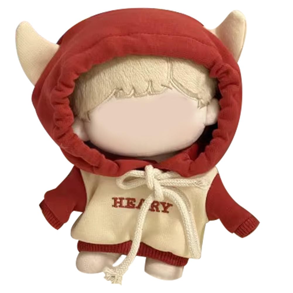 

YUYAKESHI Cotton Doll Clothes, Doll Outfits, 10-15cm Plush Toy Clothes, Loose Hooded Sweatshirt, Cute Doll Jacket with Cow Horns (Red Hat)