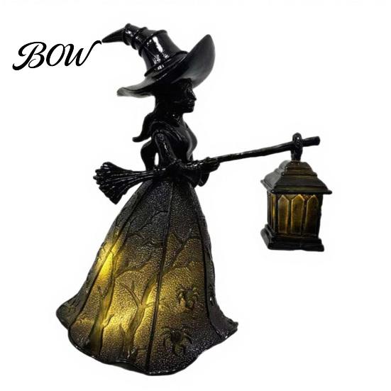 Decorative Resin Lighted Lanterns Halloween Witch Holding Lantern Light, with Spider Web Pattern Decor, Glowing Secret Room Atmosphere Gothic