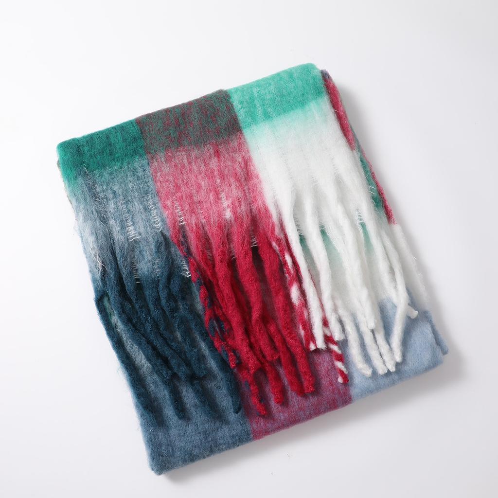 Men's and Women's Autumn and Winter Scarf Fashionable Warm Rainbow Plaid Shawl Tassel Thickened Mohair Scarf