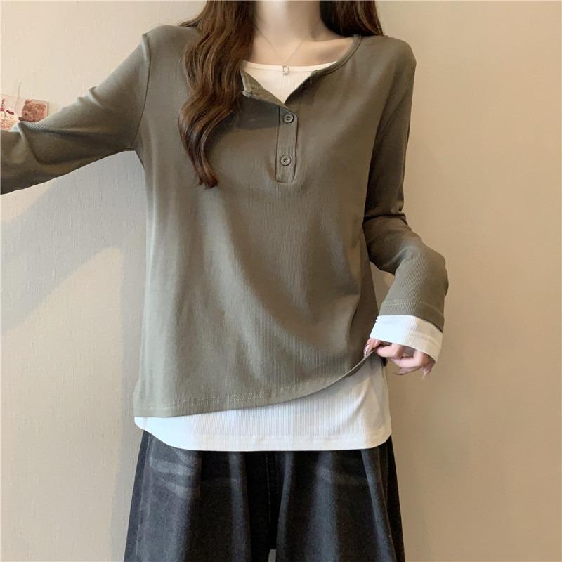 Real shot cotton loose long-sleeved T-shirt women's season versatile fake two-piece design niche top