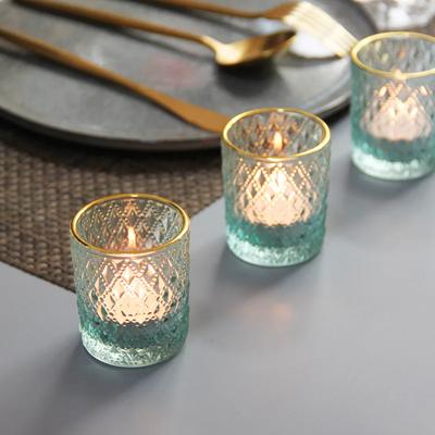 Blå Ljusstakar Vintage Glas Värmeljusljusstake med Gulddekor Votives för Alla Hjärtans Dag Bröllop Heminredning