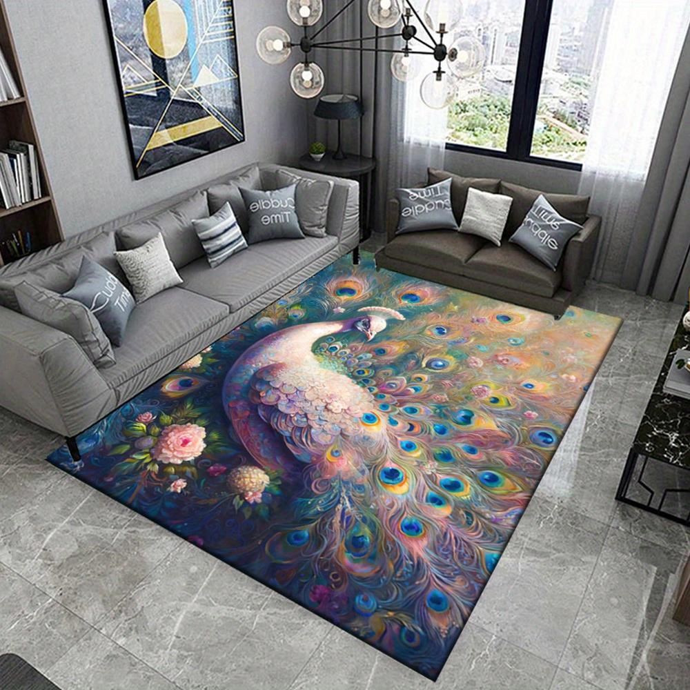 Vibrant White Peacock and Floral Non-slip Area Carpet Crystal Velvet, Large Size, Perfect for Living Room Floor Mats