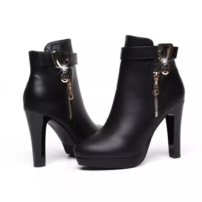 Round Toe High Heeled Boots Women Winter  Sexy Plush Ankle Boots Simple Slim Heeled Leather Boots Elegant Woman Heeled Shoe
