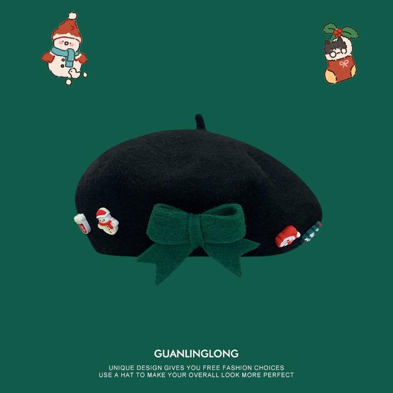 Bow christmas beret girl parent-child children's hat woolen thermal hat christmas gift painter hat