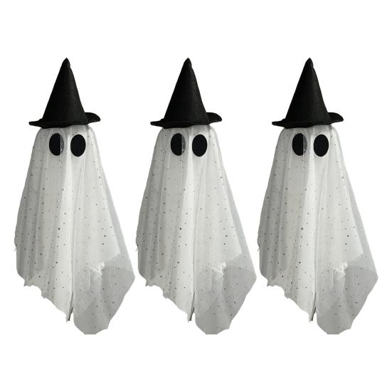 Lighted Floating Ghosts for Outdoor 3 Pcs Halloween Hanging Ghost Decoration, Spooky Large Mesh Garden Haunted House Accessories with Witch Hat Porch,