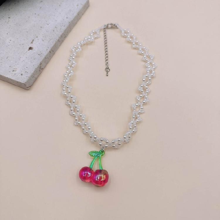 Double Layer Pearl Choker Strawberry Pendant Necklace Collar Necklace