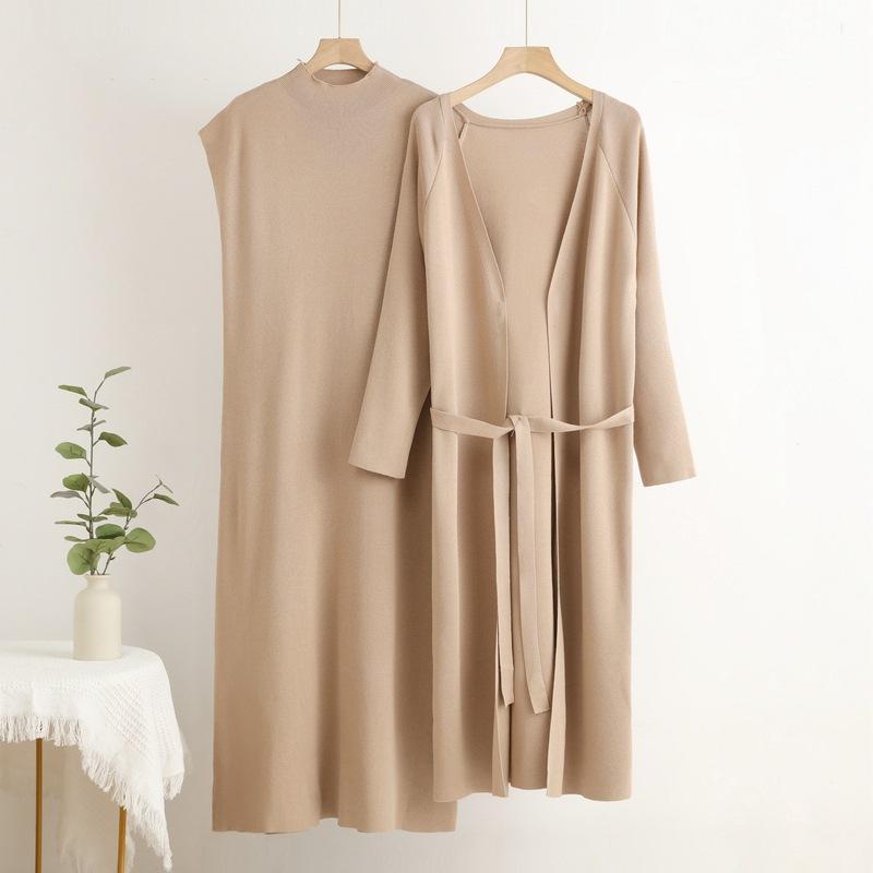 Elegant Solid Knitted 2 Piece Sets Women O-neck Sleeveless Knitwears Pullover Dress Conjuntos Long Sleeve Sweater Cardigan Suits