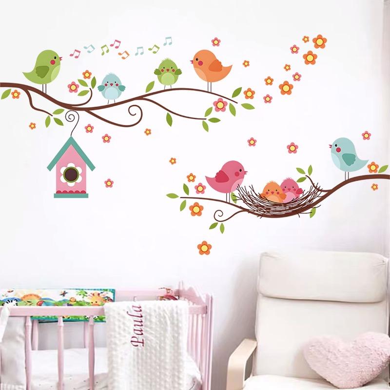 Cartoon Cute Bird Family Branch Flower Animal Wall Stickers Removable for Bedroom Living Room Foyer Decoration Wall Decals