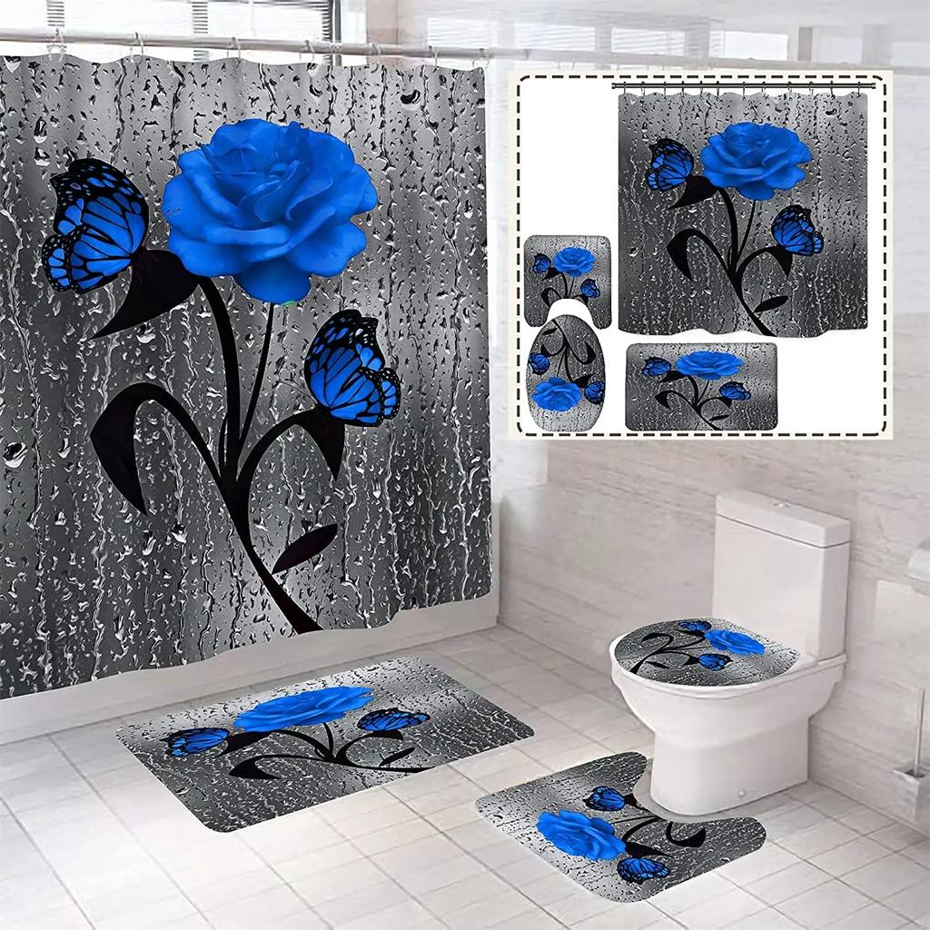 Blue Rose Flowers Waterproof Bathroom Shower Curtain Set Polyester Toilet Seat Cover Bath Nonslip Mat Rug Carpet Home Decor