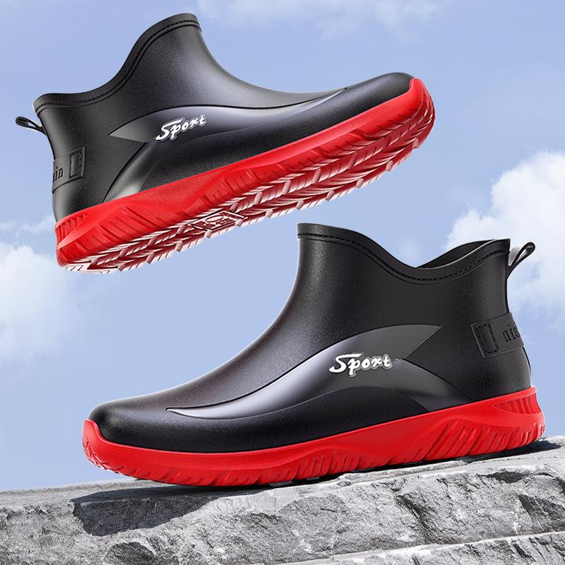Trendy men's short rain boots, black urban men's water boots, non-slip wading boots, men's waterproof rubber shoes, khaki men's shoes, water shoes