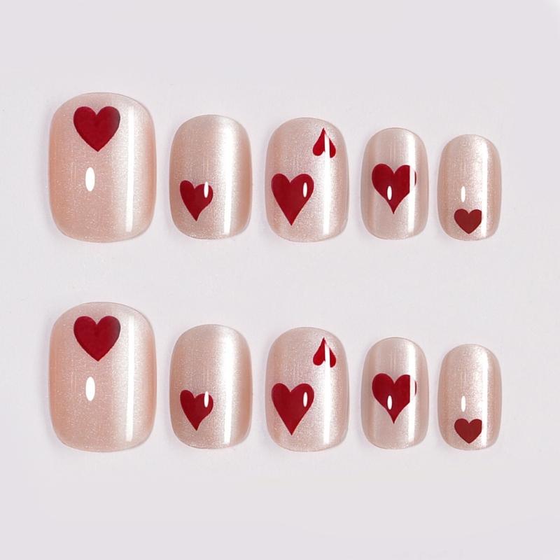 24Pcs Heart Pattern Short Square False Nail Fashion Cats Eye Press On Nail For Daily Wear And Parties