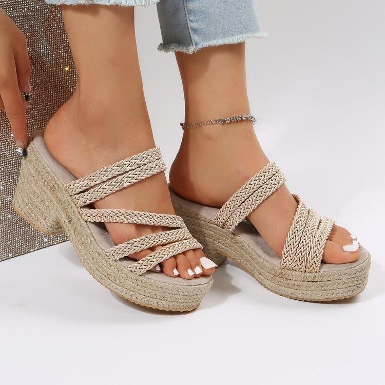 Summer New Woven Hemp Rope Women's Shoes Shoes Wedge Heel Platform Slippers