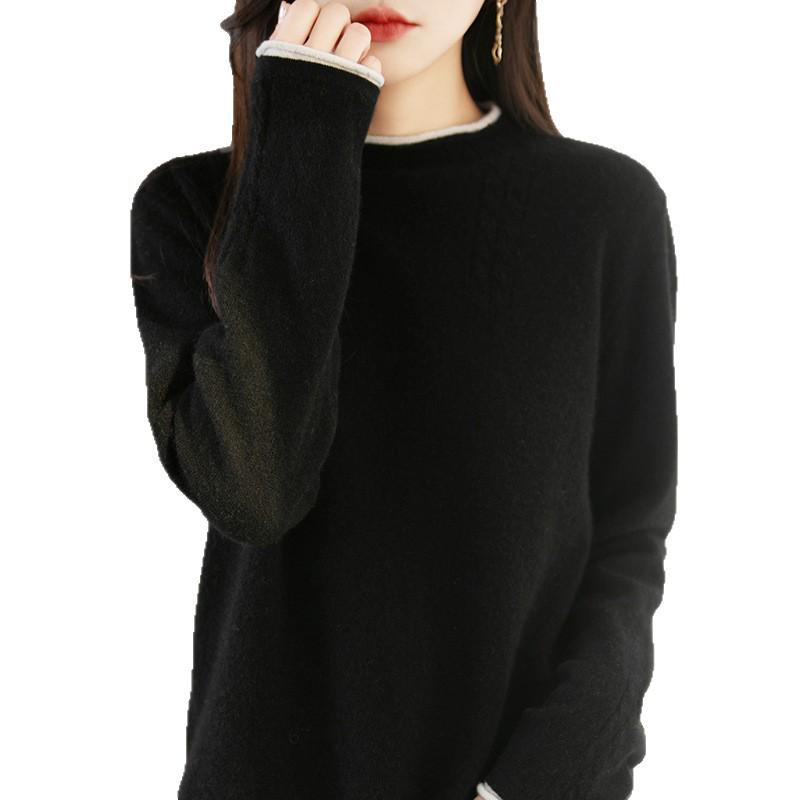 Autumn/Winter Pure Wool Cable Knit Double Round Neck Rolled Hem Long Sleeve Color Block Loose Pullover