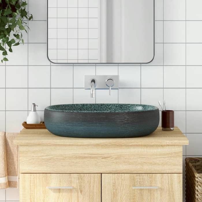 VidaXL Countertop Basin, Bathroom Sink with Drain Hole, Washbasin with Patterns Toilet Bathroom, Turquoise Oval 155101