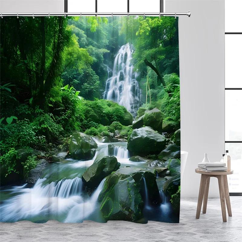 Tropical Jungle Landscape Shower Curtains Green Plants Palm Tree Waterfall Forest Nature Scenery Home Bathroom Curtain Decor Set
