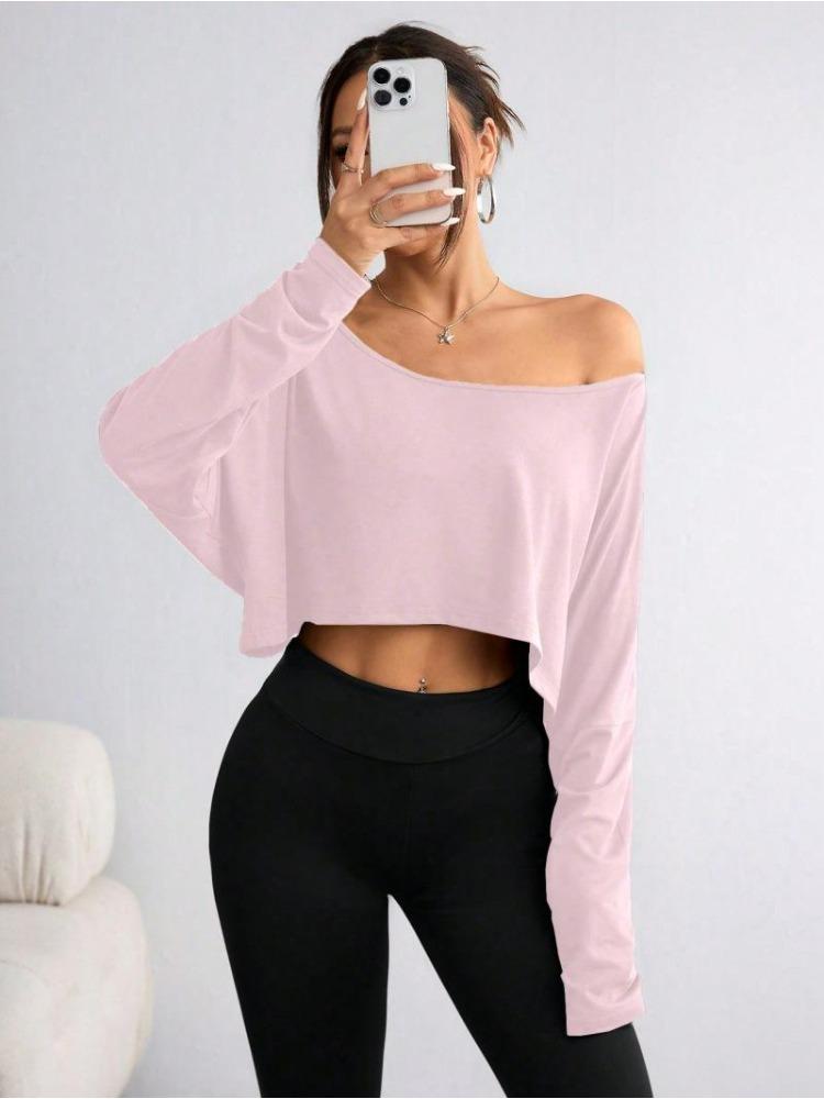 2026 Women'S Black Long Sleeve Blouse T-shirt Casual Asymmetrical Neck Strapless Top for Sporty