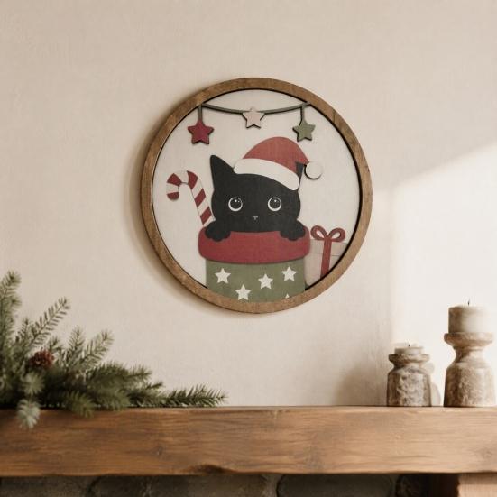Living Room Decor Christmas Black Cat Wall Decor, Layered Wooden Hanging Sign, Round 2D Art Flat Decoration for Bedroom And Hall Porch Holiday