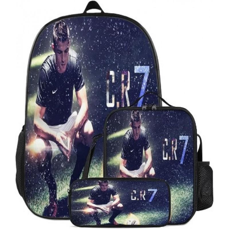 Conjunto de Mochila Escolar Infantil Estampada Cristiano Ronaldo Meninos Meninas 3 Peças Mochila de Tecido Oxford Com Lancheira Estojo
