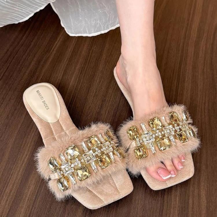 

Fashion French Temperament Milk Tea Apricot Rhinestone Sandals and Slippers Women s Summer 2025 Comfortable Open Toe Wool Shoes 35