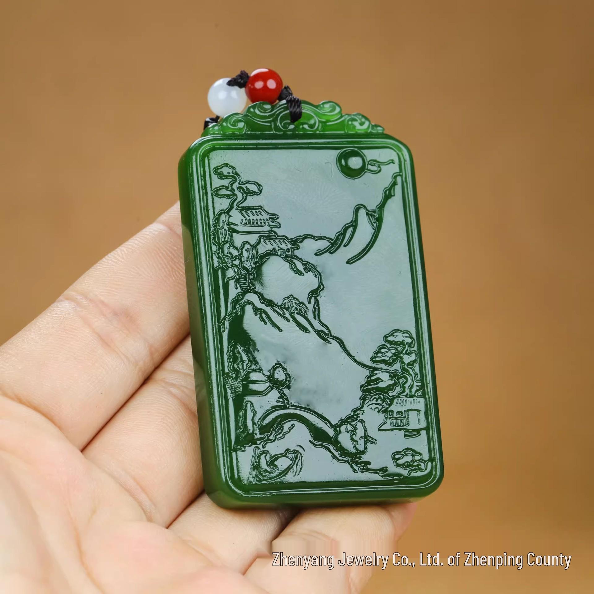 Imitation Hetian Jade Spinach Green Landscape Jade Plaque зелёный