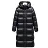 Pánská a dámská stejná extrémně chladná černá zlatá super dlouhá ke kolenům zahuštěná bunda z bílého kachního peří