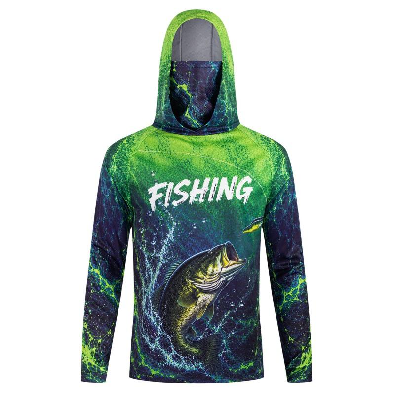Mens UPF 50 Quick-Dry Fishing Hoodie With Face Cover Breathable Sun Protection Shirt Outdoor Angling Hiking Cycling