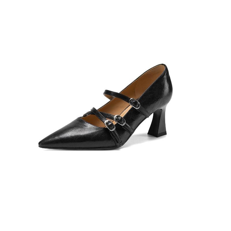 Vintage Pointed Toe Cross Buckle Women Mary Jane Shoes Fashion Shallow Shoes 2026 Spring Autumn Stripper Party Pumps Shoes