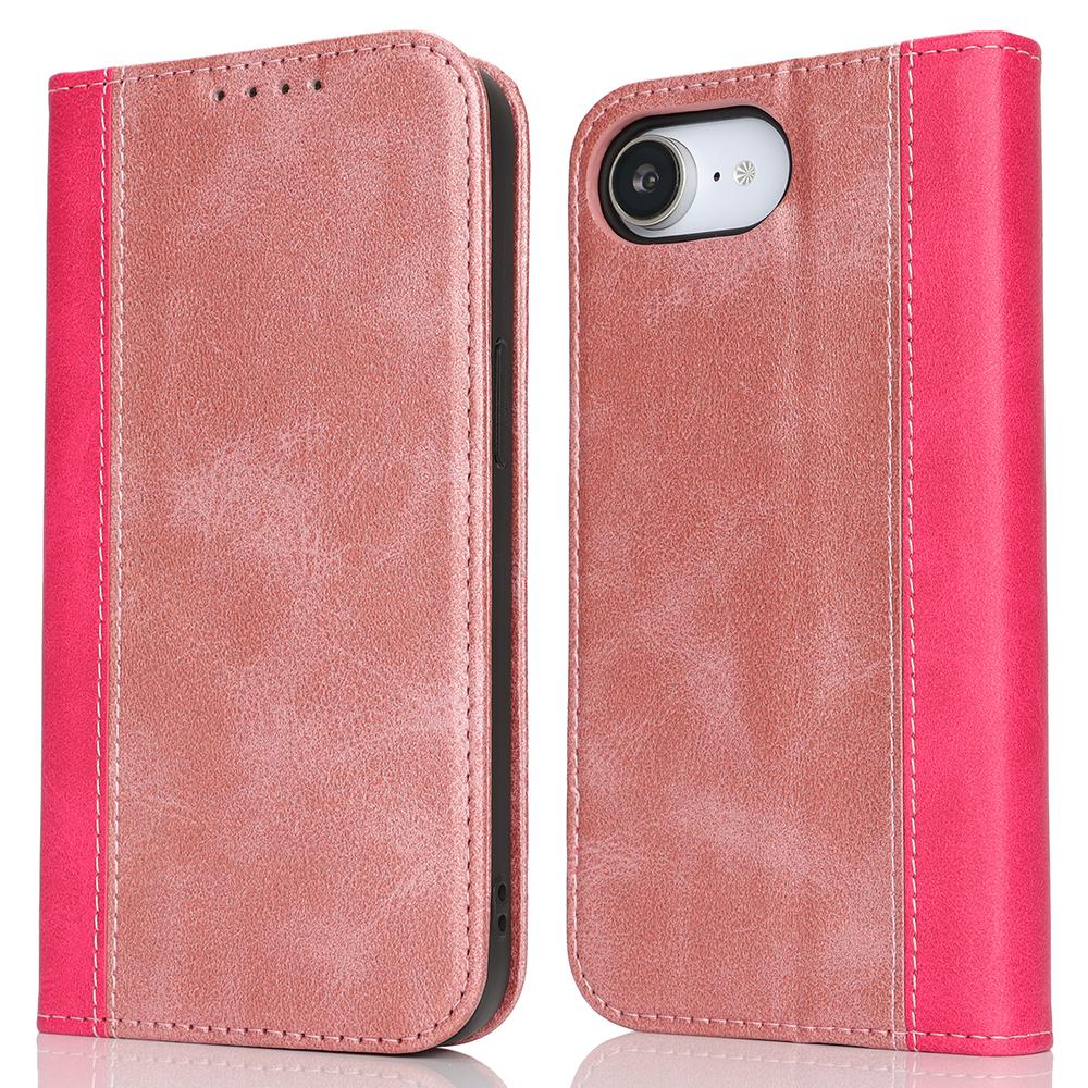 

For iPhone 16e Case Calf Texture 3 Card Slots Color Splicing Leather Phone Cover Rose Gold+Rose