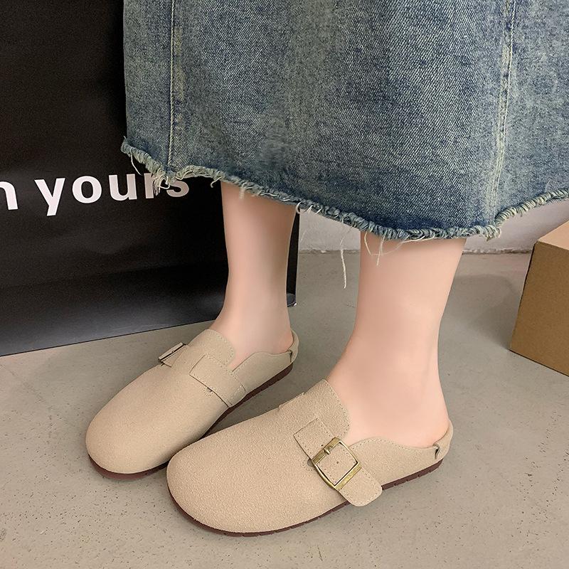 Retro buckle bag head half drag women wear spring new soft bottom lazy soft bottom flat bottom slippers women