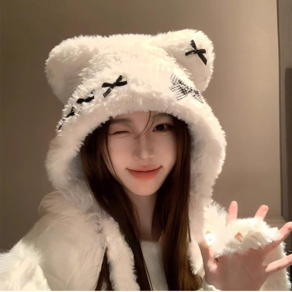 Cute Thickened Bear Ears Knitted Hat Ear Protection Soft Bow Earmuffs Windproof Warm Bear Hat Winter Season Women Wear