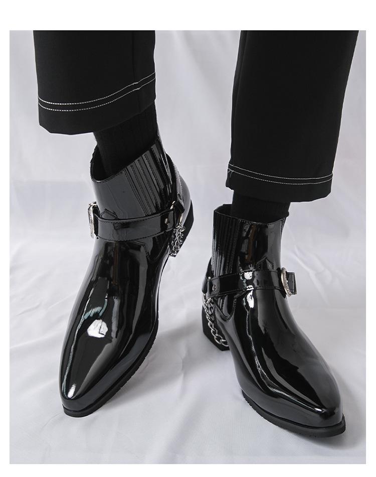 Plus Size High-Top Martin Boots: Men's British Style Glossy Patent Leather Chain Boots for Autumn/Winter 2025