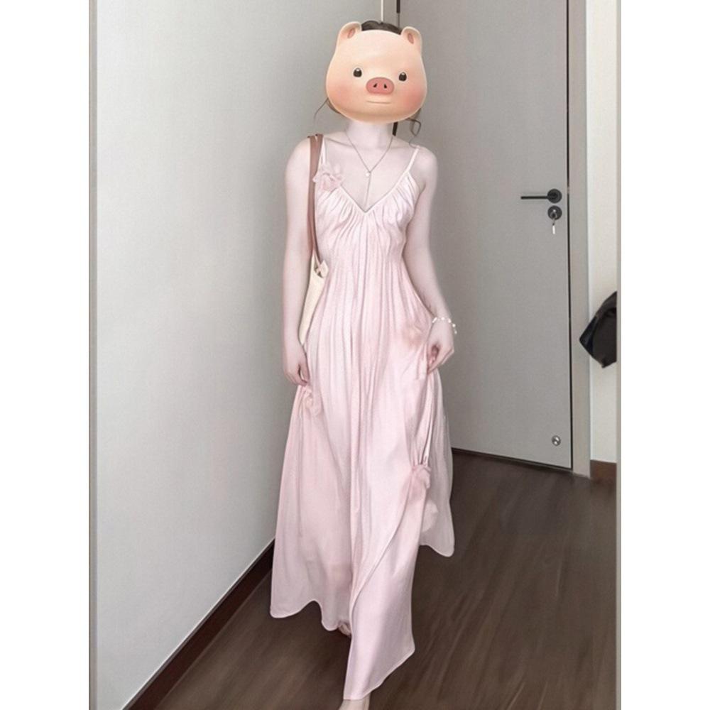 

Французское красивое темпераментное платье-сарафан феи женская одежда 2025 лето новый стиль для отпуска цветочное розовое платье XL- (recommended 110-60kg)