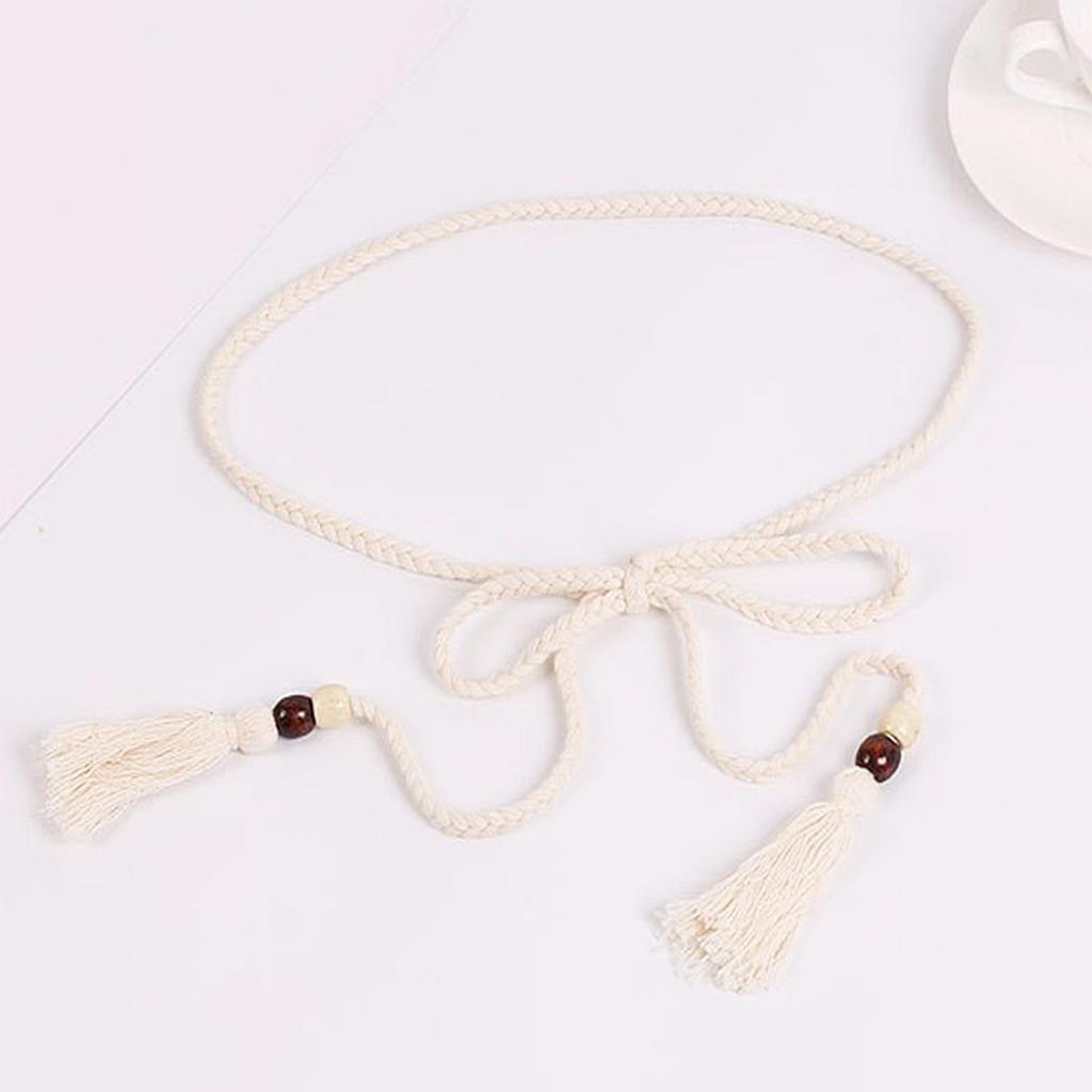 Handcraft Bohemian Cotton Rope Waist Belt for Women and Girl with Wood Beads and Tassels Perfect for Dresses and Skirt