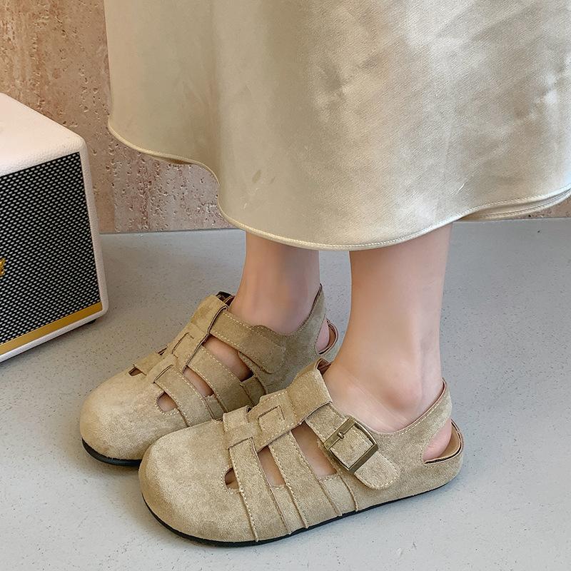 

Женские летние новые ретро сандалии с закрытым носком, полые дышащие туфли-одиночки, плетеные туфли-свиные клетки 40 хаки