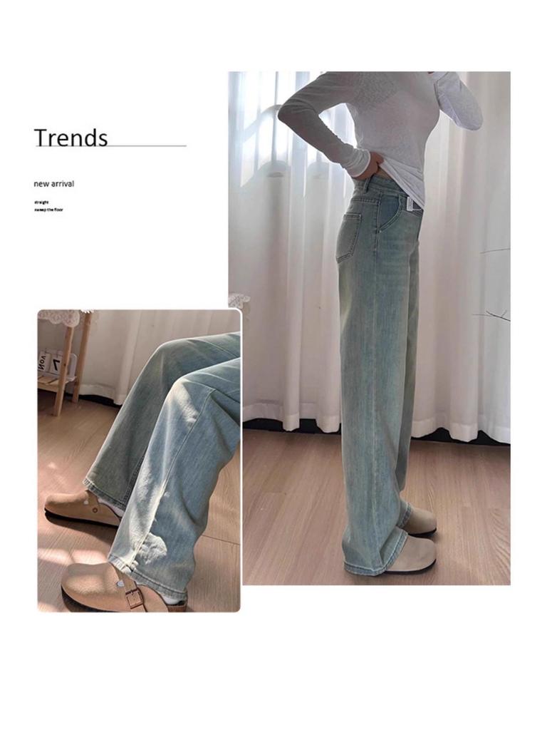 Damen Frühling Retro Blau High-Waist Wide Leg Jeans - Schlankmachend, Drapey, Gerader Schnitt