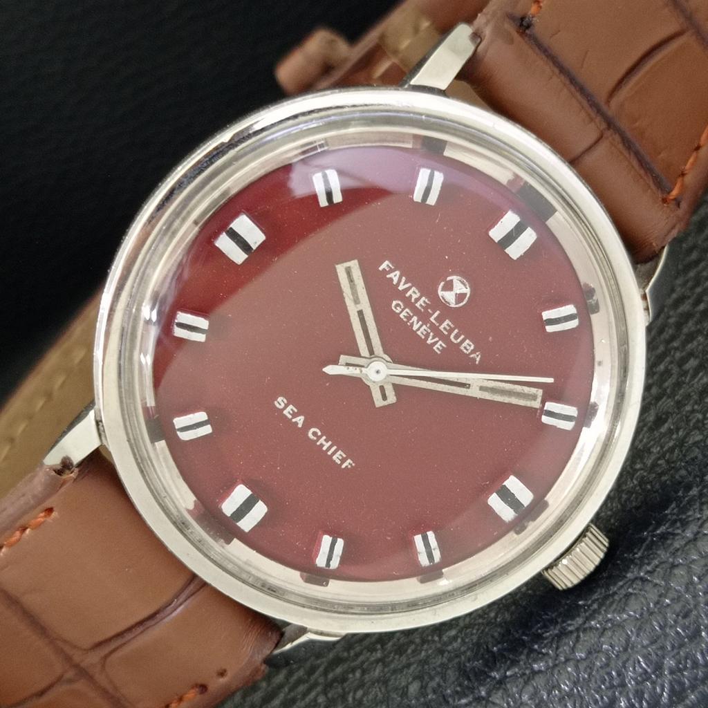 HAND-WINDING VINTAGE FAVRE LEUBA 253 SEA CHIEF SWISS MENS BROWN WATCH A702047-5 R208-a702047