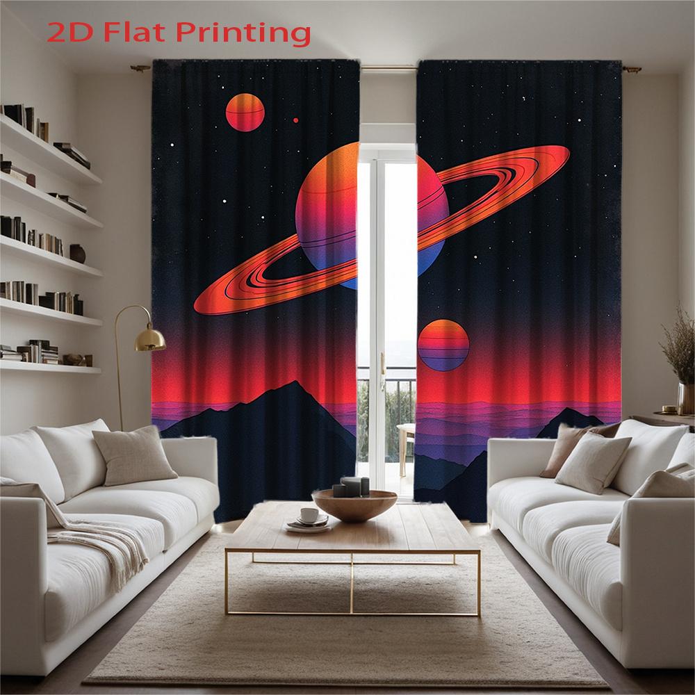 Flat Printing Curtains Retro Space Theme Saturn Planet Mountain Pattern Colorful Cur Curtain Set Of 2 Made Polyester With Rod Pocket Washable