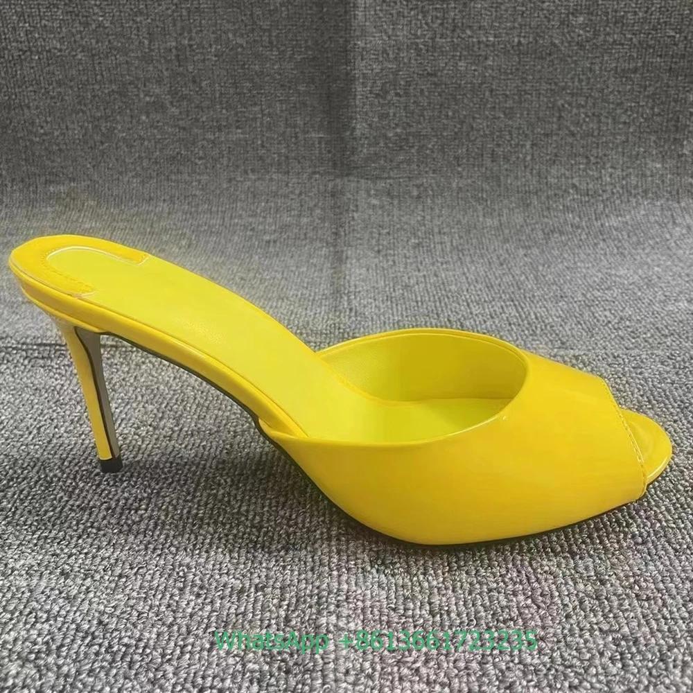 Fashion Genuine Leather Peep Toe Thin Heel Women Slippers Solid Summer Fashion Sandals Slip-On Shallow Patent Leather Shiny Sandals