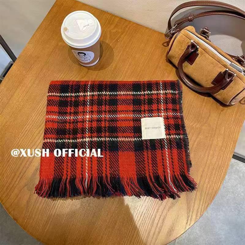 Christmas Red Plaid Double-Sided Scarf: Korean-Style Imitation Cashmere, Warm Tassel Neck Warmer Shawl for Couples