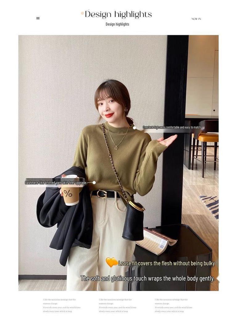 Women's 2024 Black Mock Neck Sweater: Base Layer for Spring & Autumn, Loose Half-High Neck Top.