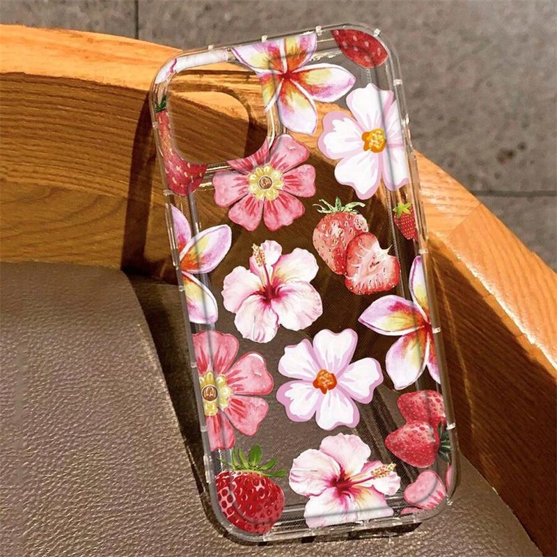 Floral Strawberries Pattern Clear Phone Case for Samsung Galaxy S25 S24 S23 S22 Ultra Plus S21 FE A53 A54 A55 A35 A15 Soft Cover