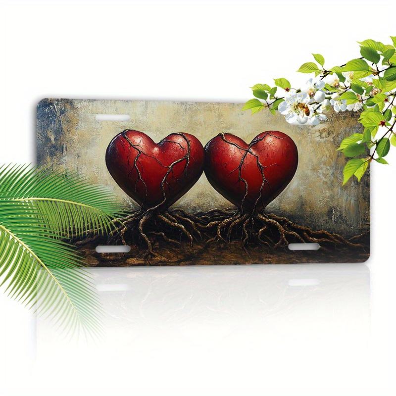

D Flat Two Connected Red Heart Trees with Roots Aluminum Tin Painting License Plate Shape Romantic Love Nature Themed Metal 15x30cm(5.9x7.8inch)