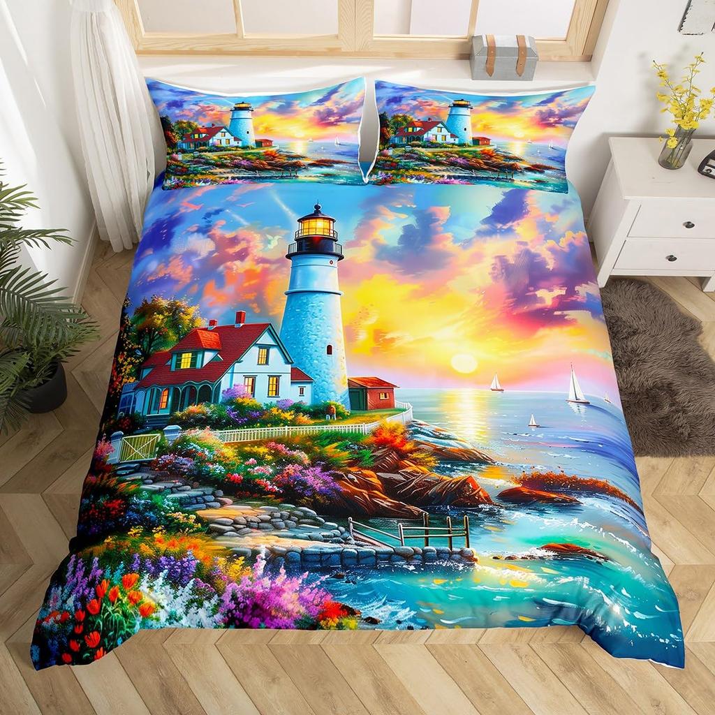 Ocean Beach Duvet Cover Full Lighthouse Comforter Cover Floral Butterfly Bedding Set for Adults Kids Summer Vacation Quilt Cover