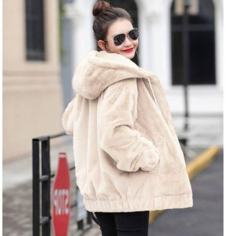 

Фланелевая куртка с капюшоном для женщин, Новая свободная плюшевая теплая куртка для зимы, с длинными рукавами и флисовая короткая куртка M бежевый