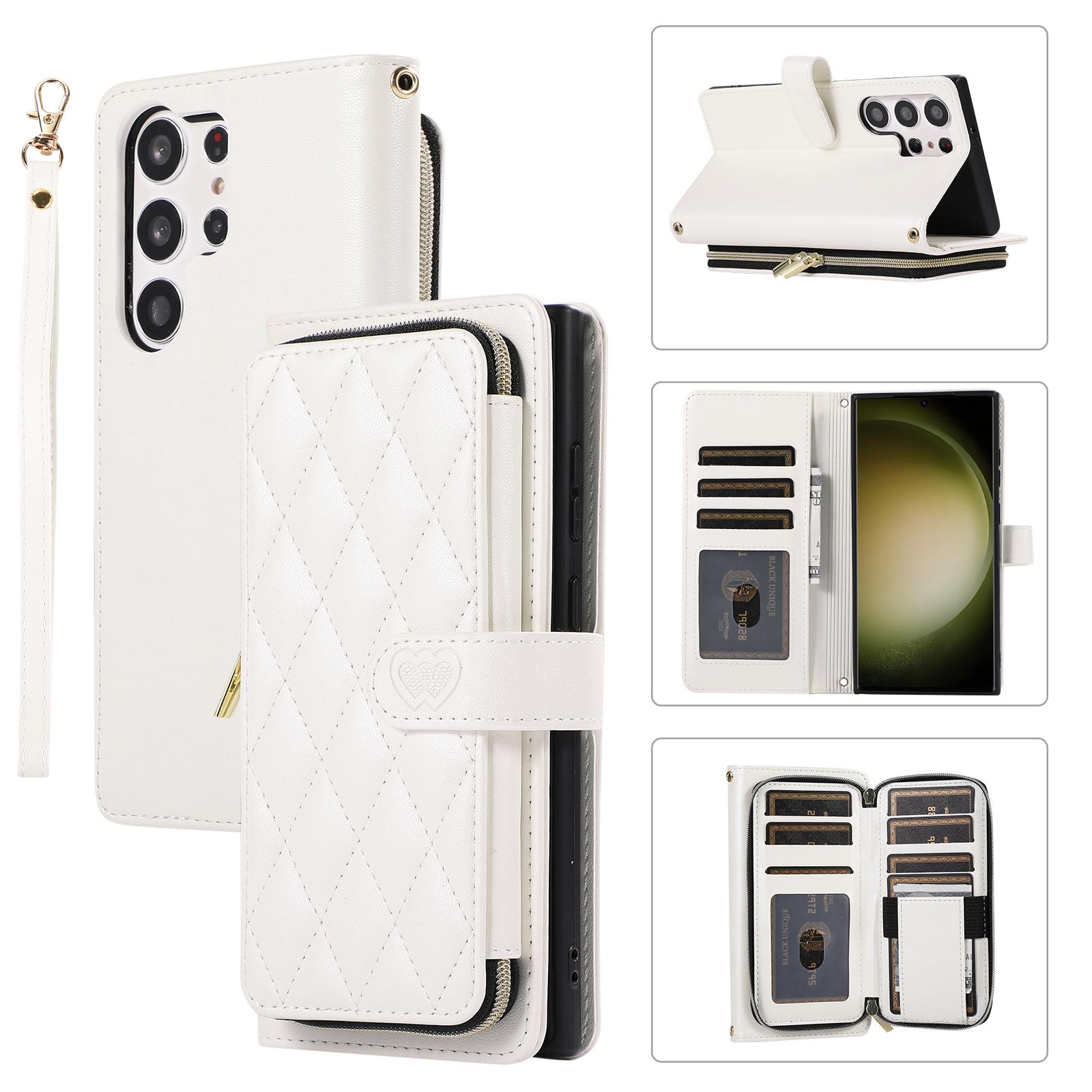 

For Samsung Galaxy S23 Ultra Case with Hand Strap Rhombus Zipper Leather Phone Cover White